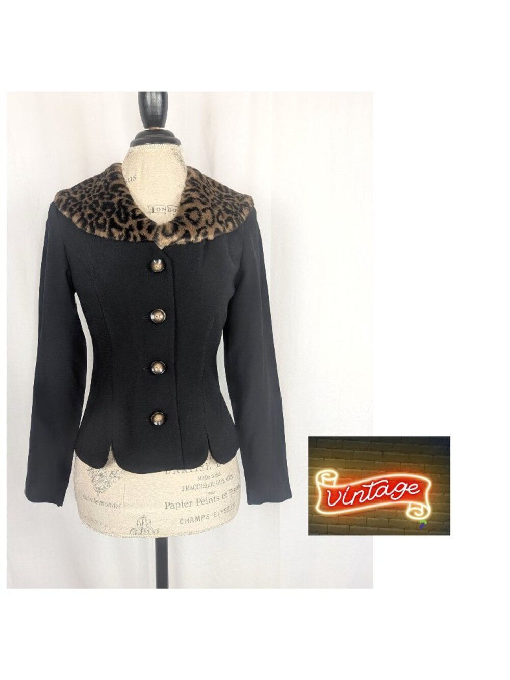 Vintage Black Leopard Blazer X Small Retro Pin Up
